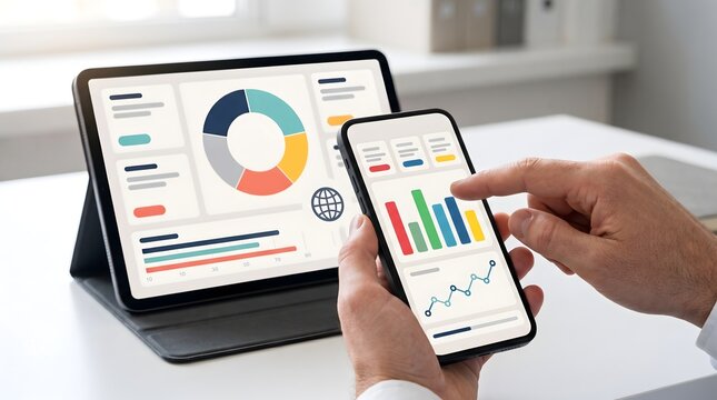 Mobile data analytics dashboard on smartphone and tablet screens showing financial bar charts and business performance metrics