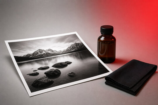 fixer. Black-and-white photographic print with amber bottle and darkroom cloth, meditation and analog art concept, event programs.