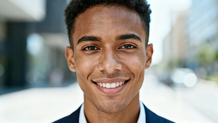 Fototapeta premium Young man smiles on a city street during a sunny day while wearing a suit