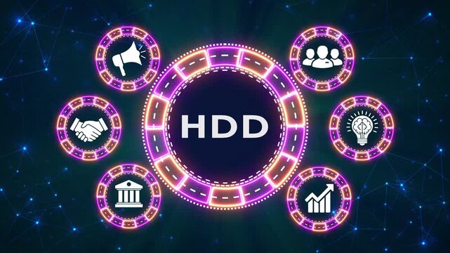 Hdd hard disk drive acronym on neon glowing hud futuristic business storage motion.