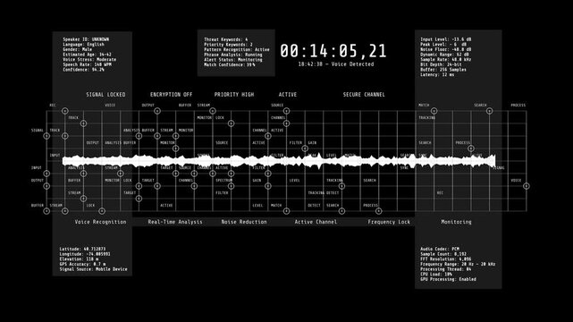 A flat monochromatic digital console displaying detailed voice recognition analytics, speaker identification data, and real-time noise reduction signal processing.