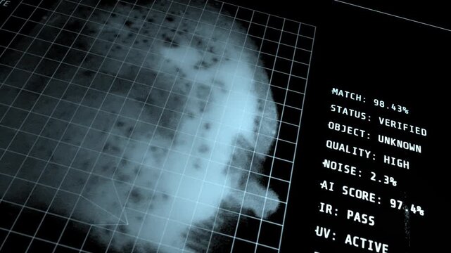 A close-up detailed view of a futuristic forensic DNA analysis interface tracking object verification metrics, noise reduction scores, and genetic scan confidence levels.