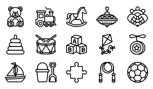 Children's toy line icon set featuring teddy bear train rocking horse spinning top drum blocks kite yoyo puzzle and jump rope