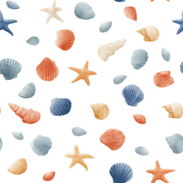 Seamless watercolor marine pattern with shell and starfish on white background
