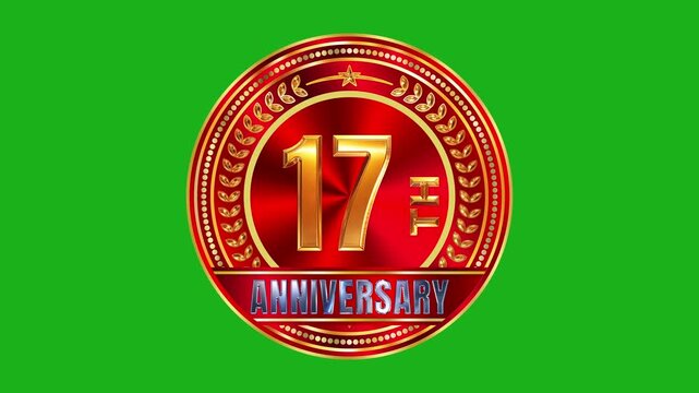 Royal 17th anniversary golden crest emblem designed with circular laurel loop frame over green screen key rendering 4k video