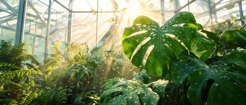Sunlight shines through glass greenhouse filled with plants during morning hours