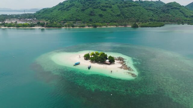 Tropical Gili Kedis uninhabited sandbar near coast of Lombok Indonesia, aerial