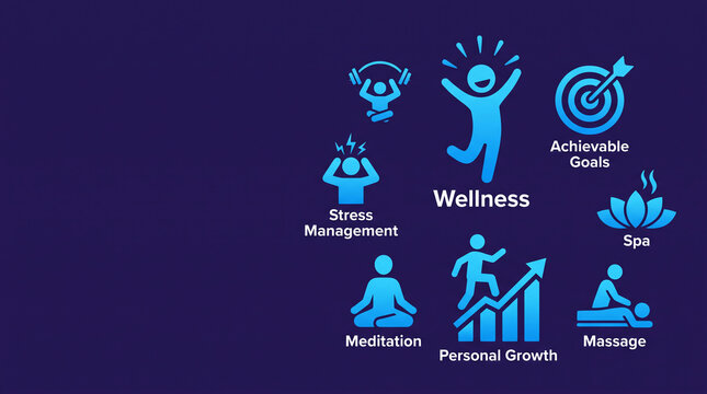 Blue icons illustrate wellness concepts like meditation, stress management, and personal growth, symbolizing healthy living and self-improvement