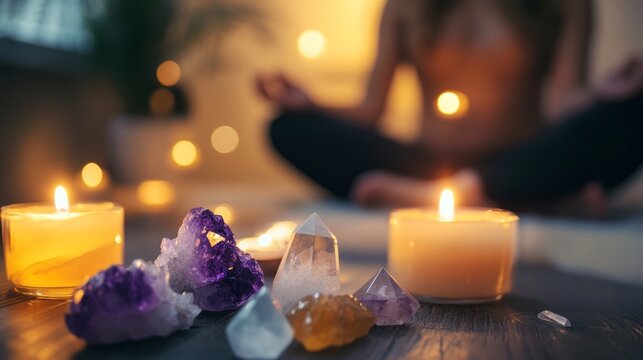 Crystal points beside warm candlelight on rustic table with blurred meditation background creating serene spiritual wellness scene for healing energy mindfulness relaxation and cozy ritual atmosphere