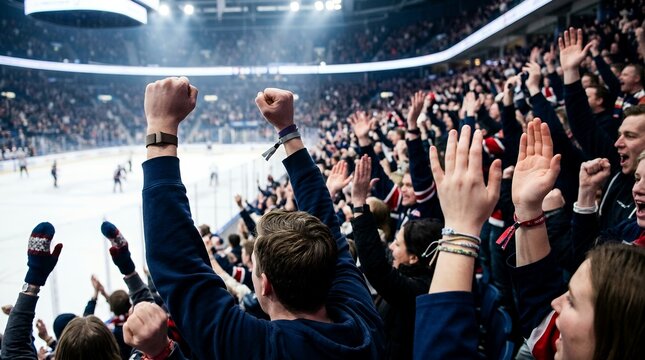 Hockey fans cheering with hands raised at stadium. Crowd celebrating a match victory.