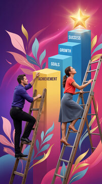Men and women climbing ladders towards a star, symbolizing achievement and success, with abstract floral elements.
