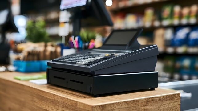 A modern cash register sits on a wooden counter in a retail store with shelves of products blurred in the background