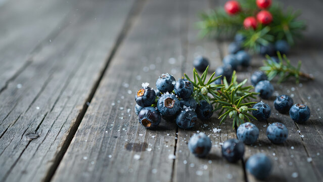 Fresh juniper berries with green pine needles and a dusting of snow are scattered on a rustic wooden table for a festive winter decoration