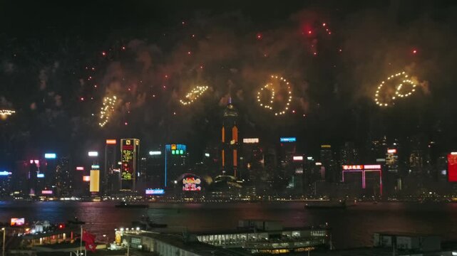 Chinese New Year beautiful fireworks at Victoria habour, Hong Kong, 4k