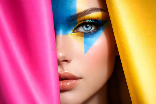 Closeup portrait of a beautiful woman with creative makeup in blue and yellow colors, framed by pink and yellow fabric
