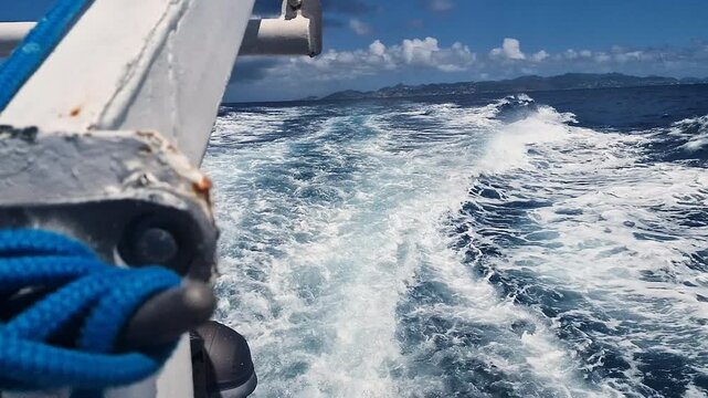 Wake of Ferry Boat Sailing in Caribbean Sea Between Saint Barthelemy and St. Maarten Island, Slow Motion