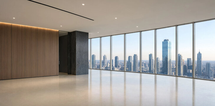 Modern empty corporate office interior with panoramic city skyline view high rise interior panoramic cityscape skyscraper architecture business corporate building workspace spacious