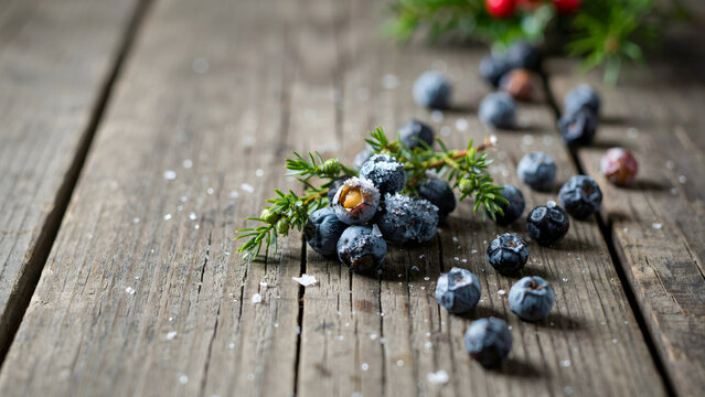 Fresh juniper berries with green pine needles and a dusting of white snow are scattered on a rustic wooden table for a festive winter display