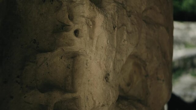 Detailed close-up shot of ancient Mayan stone carvings at Temple I, Tikal. Soft natural light highlights textures and intricate relief, evoking historic, sacred atmosphere. No people visible.