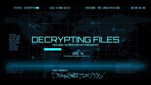 A digital heads-up display interface animating a cryptographic data decryption progress bar during a futuristic cyberattack simulation.