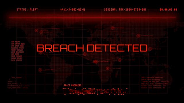 A futuristic red heads-up display warning system alert indicating a critical security breach detected during a cyberattack simulation.