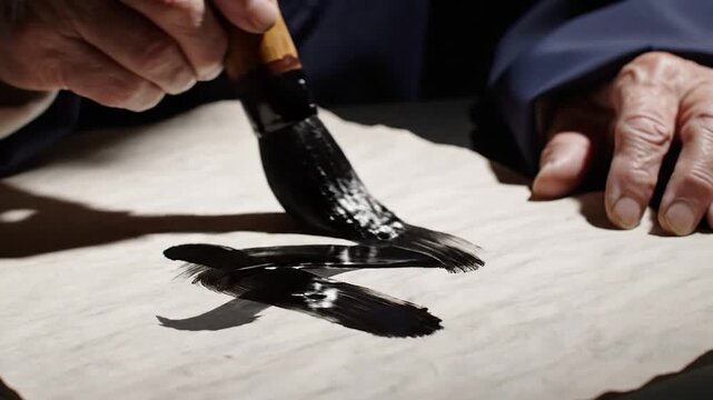 Calligrapher painting black ink characters on paper with brush.