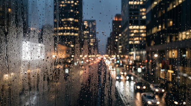 Rainy city street at night with wet reflections. Urban evening scene through rain-streaked glass with glowing lights and traffic blur.
