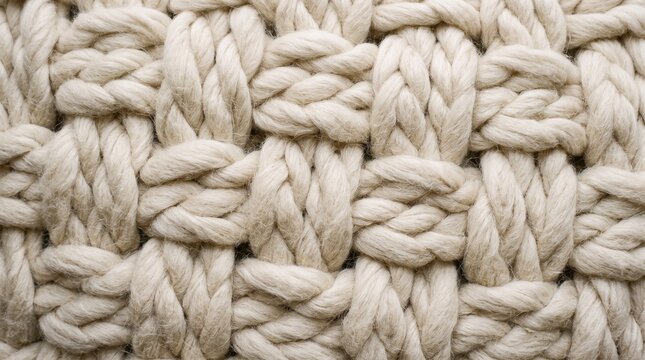 Close-up of chunky knit wool texture. Cozy fabric for warm clothing and home decor. Warm, soft, and tactile material for comfort and style.