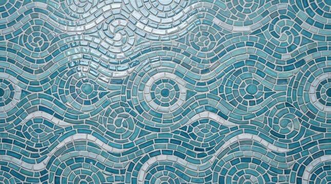 Close-up of mosaic ceramic tiles with water reflection. Artistic water-reflective mosaic design for interior decor.