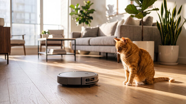 A ginger cat sits next to a robot vacuum cleaner in a modern house