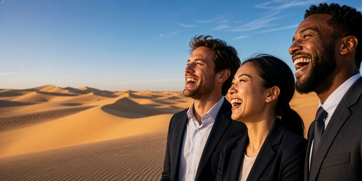 A conceptual image representing positive team building or overcoming challenges (desert landscape with negative space). Office workers laughing together