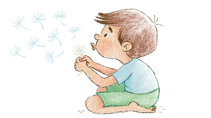 Young boy blowing dandelion seeds, isolated on transparent background