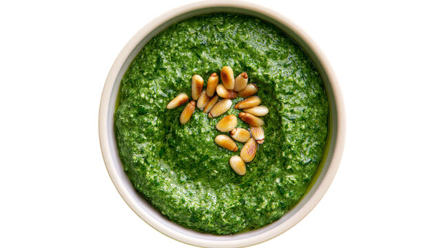 Fresh green pesto sauce with pine nuts, isolated on transparent background