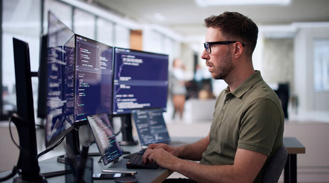 Focused male software developer wearing glasses typing on a keyboard in front of multiple computer monitors displaying code in a modern office setup