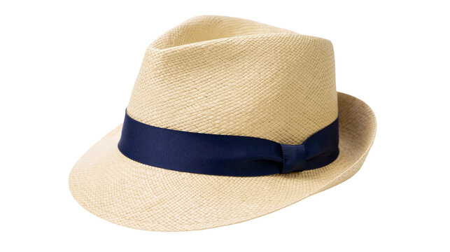 Natural straw fedora hat with navy blue ribbon band, isolated on transparent background