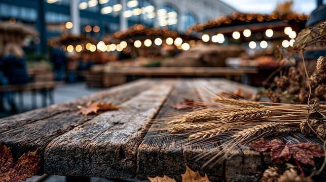 Rustic autumn wooden table decorated with dried wheat ears and colorful fallen leaves at an outdoor harvest festival market with warm bokeh lights background