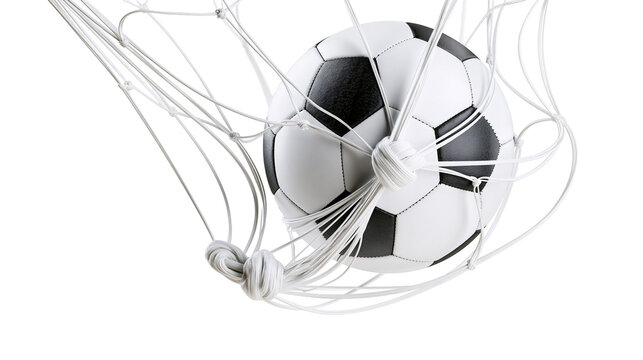 Soccer ball caught in white net, isolated on transparent background