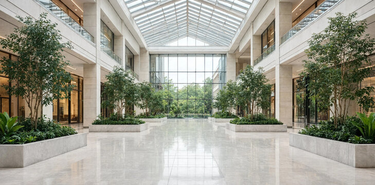 Modern shopping mall interior atrium with glass ceiling and indoor greenery interior architecture shopping building greenery commercial spacious business structure contemporary