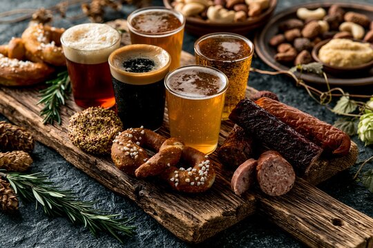 Assorted craft beers in flight glasses served with pretzels, sausages, and nuts on a rustic wooden board for a delicious tasting experience