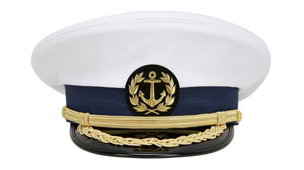 White captain s hat with navy band and gold anchor emblem, isolated on transparent background © Emilia