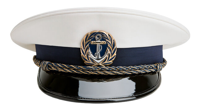 White captain s hat with navy band and gold anchor emblem, isolated on transparent background