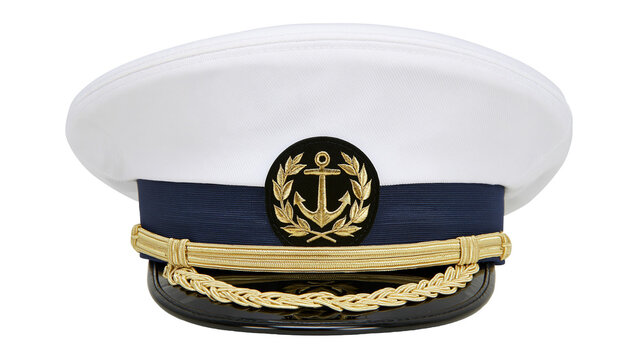 White captain s hat with navy band and gold anchor emblem, isolated on transparent background