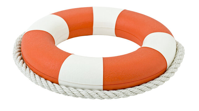 Orange and white life preserver ring with thick rope, isolated on transparent background