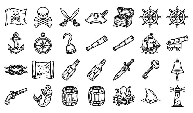 Black and white pirate flags skull and crossbones line art vector set