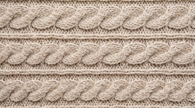 Close-up of knitted wool texture with mini cable pattern. Warm, cozy fabric for winter clothing and accessories.