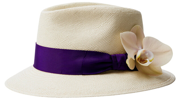 Cream woven Panama hat with purple ribbon and orchid flower, isolated on transparent background