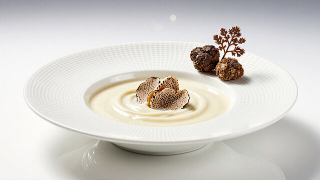 Exquisite gourmet cream soup garnished with sliced black truffles on a white plate