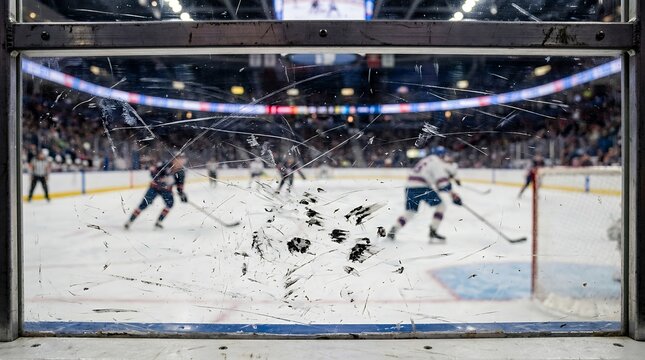 Scratched plexiglass barrier at hockey rink. Transparent acrylic shield with game action.