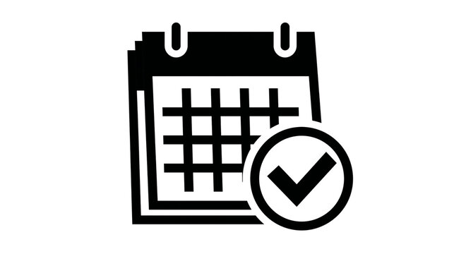 Black calendar icon with checkmark symbol, isolated on transparent background