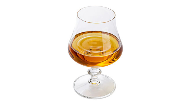 Clear glass snifter filled with amber liquid, isolated on transparent background